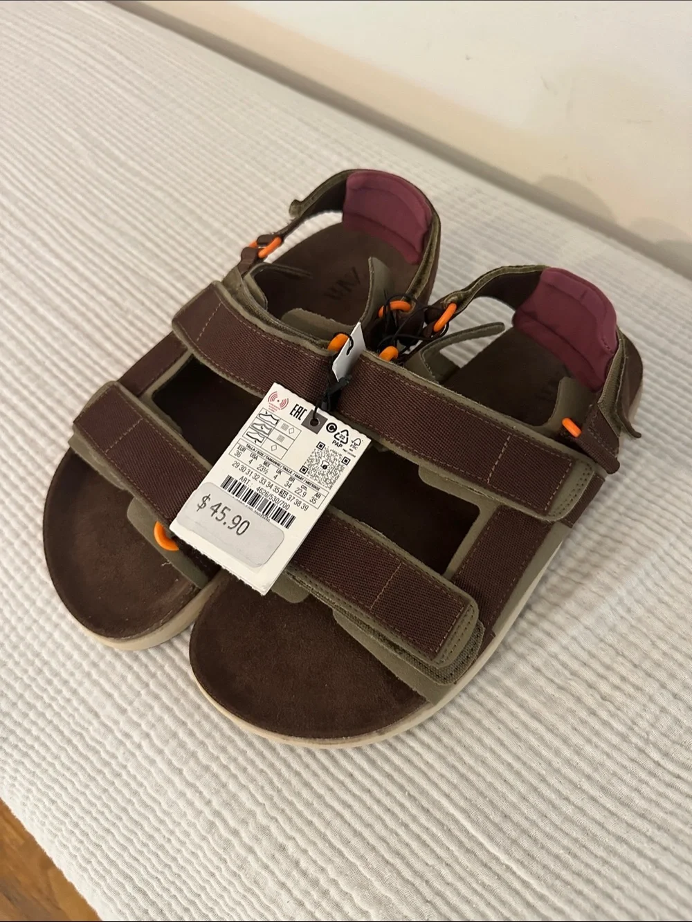 Zara Olive and Brown Kids Hook-and-Loop Sandals with Pink Heel Lining US size 4